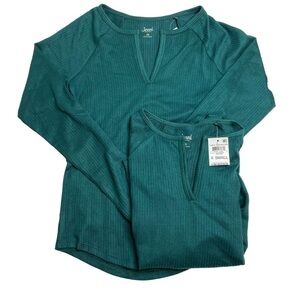 Jenni Split Neck Ribbed Pajama Top Bundle of 2 June Bug Dark Green XS